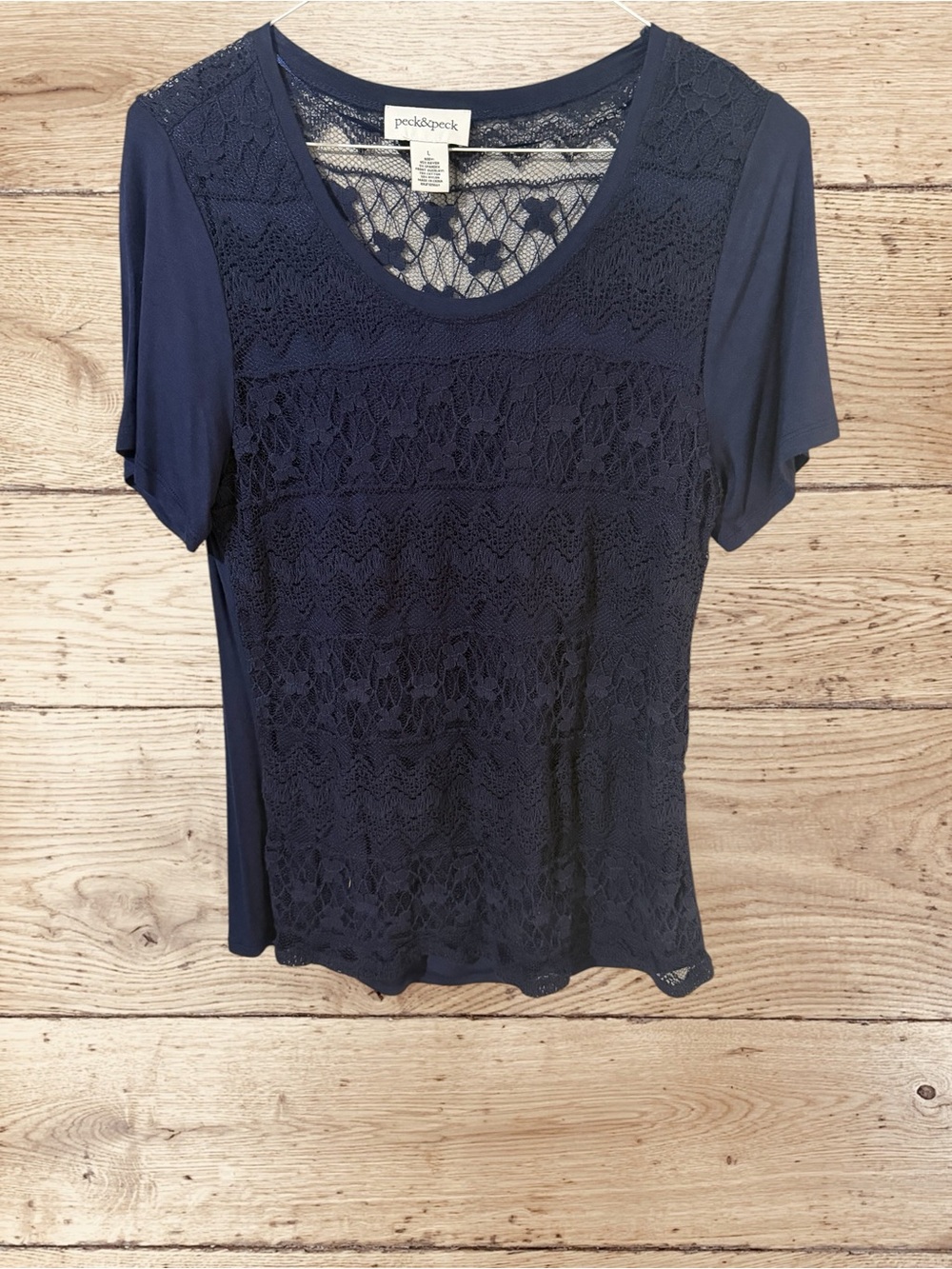Peck & Peck Navy Lace Front Short Sleeve Tee